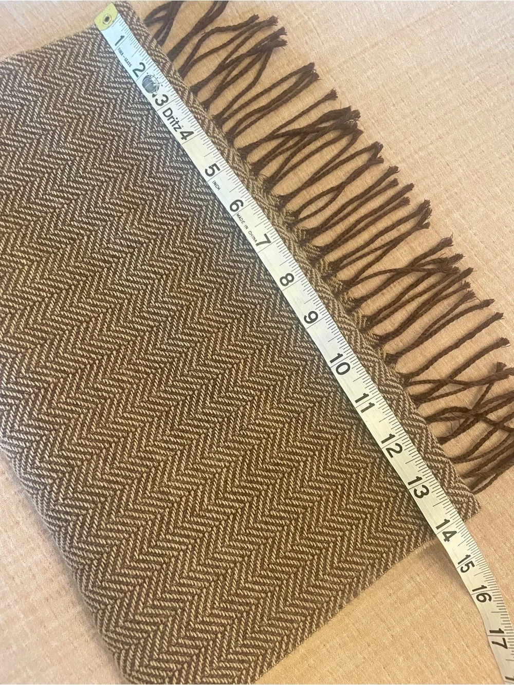 Brown Cream Herringbone 100% Wool Scarf | Fringe Quiet Luxury Wrap